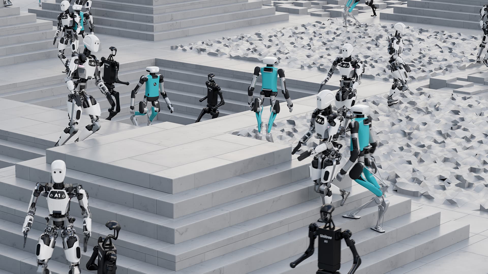 Humanoid robots training together in simulation